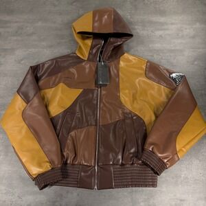 Cold Culture Route Jacket M Brown Colorblock Hooded Bomber $189 Vegan Leather